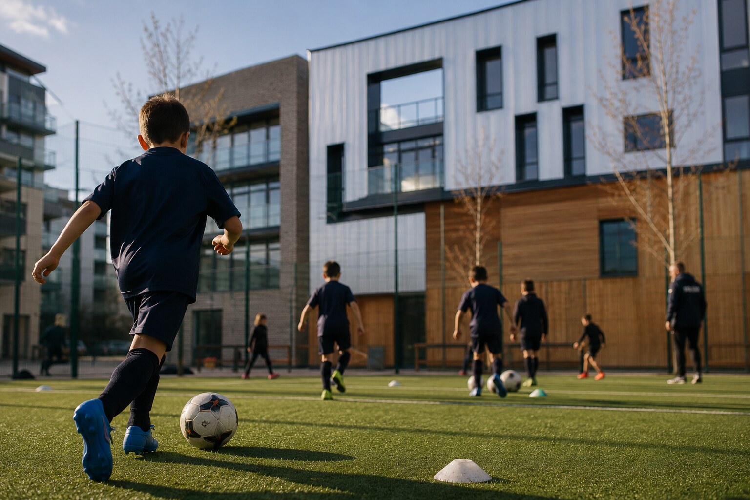 Young players training at a modern community pitch